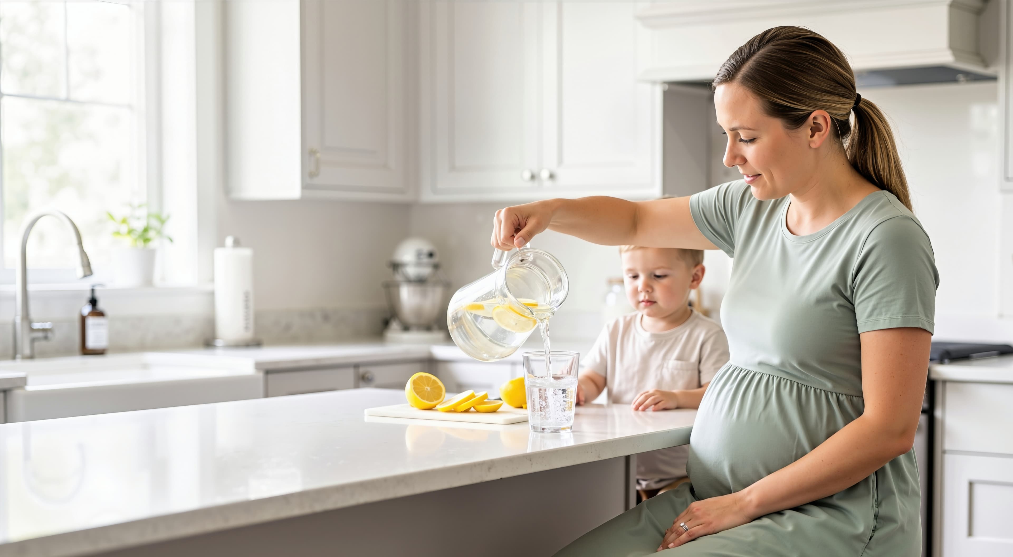Family pouring filtered drinking water at a kitchen island