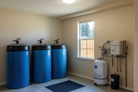 Whole-home water filtration system installed in utility room